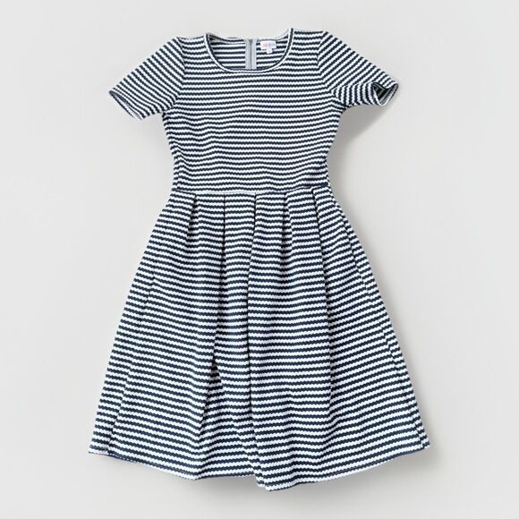 LulaRoe Amelia Dress Size M Blue White Striped Pleated Pockets - Picture 1 of 8